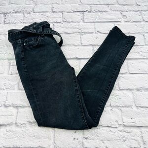 KanCan High Rise Skinny Jeans Black Dark Wash 7/27 Tie Waist Paperbag Waist